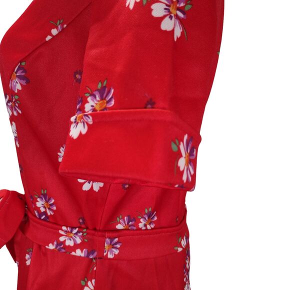 Vintage 70s Casual Midi Dress Size L Red Floral Print Dagger Collar Poly Knit - Picture 9 of 11